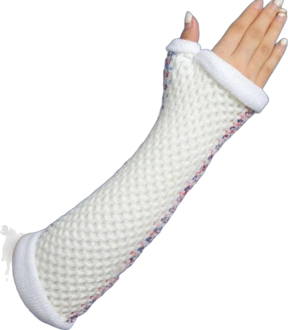 White diamond-mesh BX sleeve cast on a forearm, with a padded thumb opening and cuffs