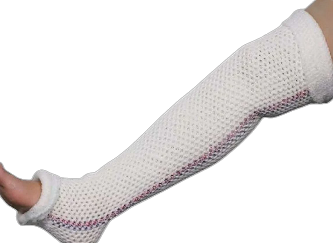 White diamond-mesh BX sleeve cast fitted from foot to below the knee, with padded cuffs at each end